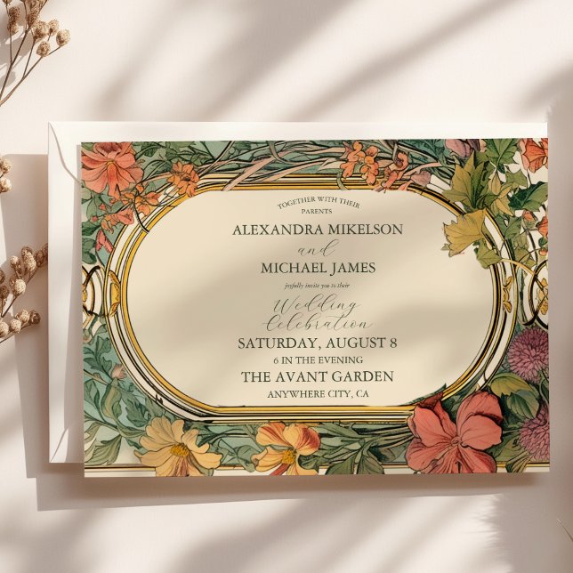 Convite Vintage Floral Art Nouveau Wedding (Criador carregado)