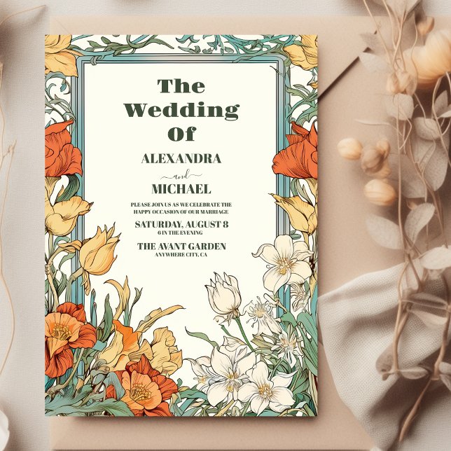 Convite Vintage Floral Art Nouveau Wedding (Criador carregado)