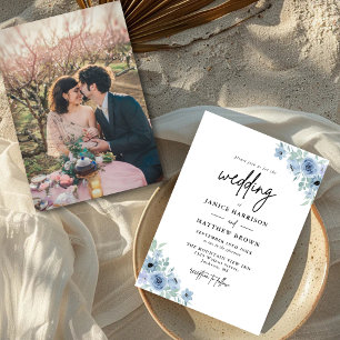 Convite Vintage Floral Azul Desbotado Foto Casamento