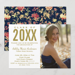Convite Vintage Floral Azul, Foto Dourada de Festa de form