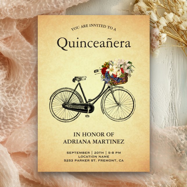 Convite Vintage Floral Bicycle 15 Birthday Quinceanera (Criador carregado)