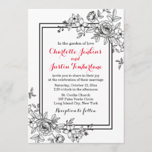 Convite Vintage Floral Black And White Flowers Casamento