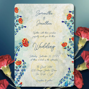 Convite Vintage Floral Blue & Red Weding