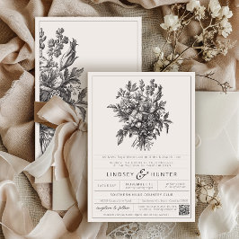 Convite Vintage Floral Ivory Elegant Chinoiserie Wedding