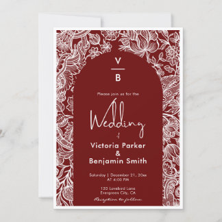 Convite Vintage Floral Line Arch Monograma Burgandy Casame