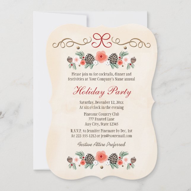 Convite Vintage Floral Pinecone Business Holiday Party (Frente)