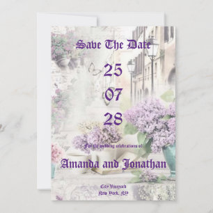 Convite Vintage Floral Purple Salve a placa de data