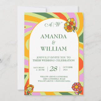 Convite Vintage Floral Rainbow Retro Casamento