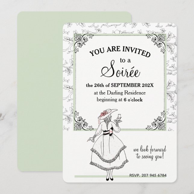 Convite Vintage Floral Soirée, França Elegante Verde (Frente/Verso)