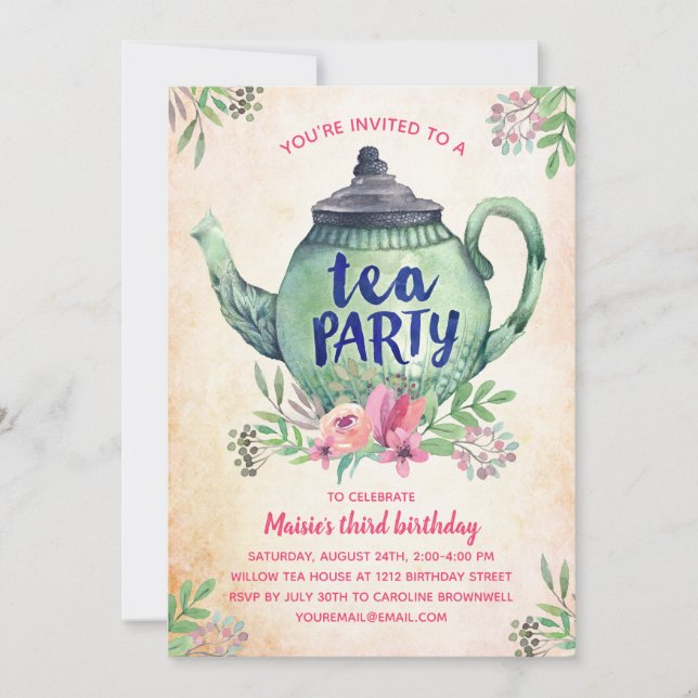 Convite Vintage Floral Tea Party Birthday (Frente)