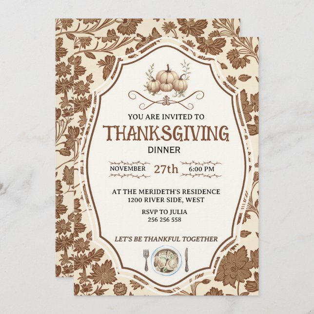 Convite Vintage Floral Thanksgiving (Frente/Verso)