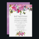 Convite Vintage Floral Watercolor Bat Mitzvah<br><div class="desc">Pêonias cor-de-rosa pinceladas,  convites de morcegos florais com acentos de verde roxo e sábio.</div>