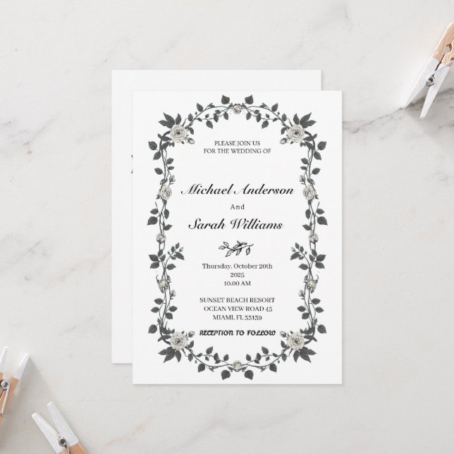 Convite Vintage Floral Wedation Invitation Black Vines (Frente/Verso In Situ)