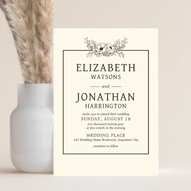 Convite Vintage Floral Wedding (Vintage Floral Minimalist Wedding Invitation)