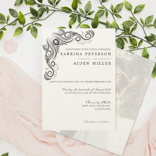 Convite Vintage Flourish Black Monograma Foto Casamento