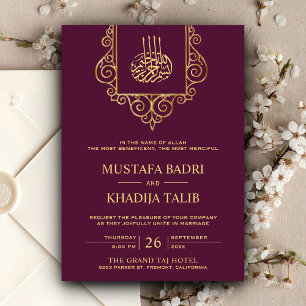 Convite Vintage Flourish Dourada Plum Casamento Islâmico