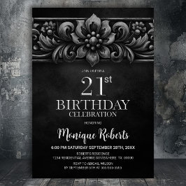 Convite Vintage Flower Black 21st Birthday Party