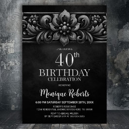 Convite Vintage Flower Black 40th Birthday Party