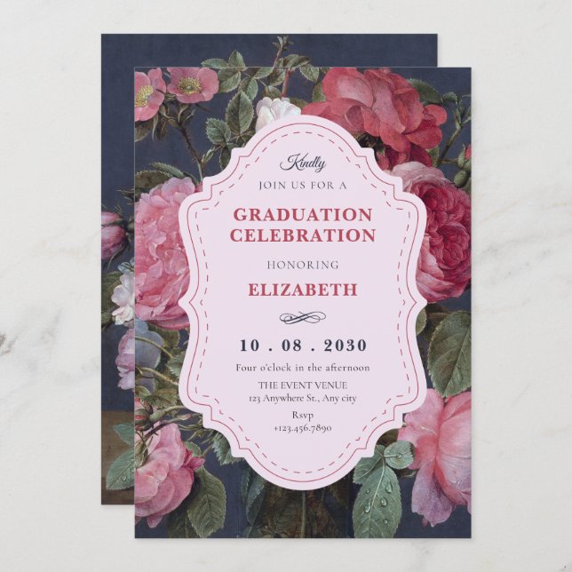 Convite Vintage flower bouquet art graduation (Frente/Verso)
