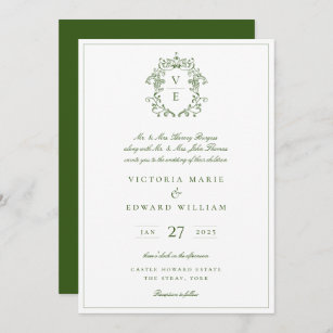 Convite Vintage Forest Green Crest Casamento Monograma