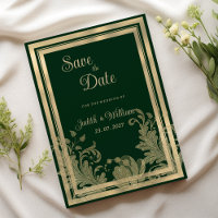 Vintage Forest Green gold floral RSVP