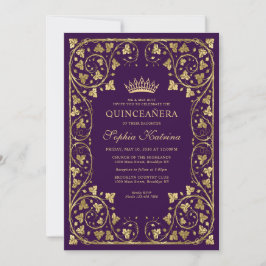 Convite Vintage Frame Dourado Violeta Roxo Tiara Quinceane