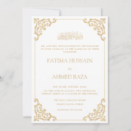 Convite Vintage Frame White Dourado Script Casamento Muçul