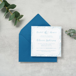 Convite Vintage França Blue Damask Bridal Tea Party