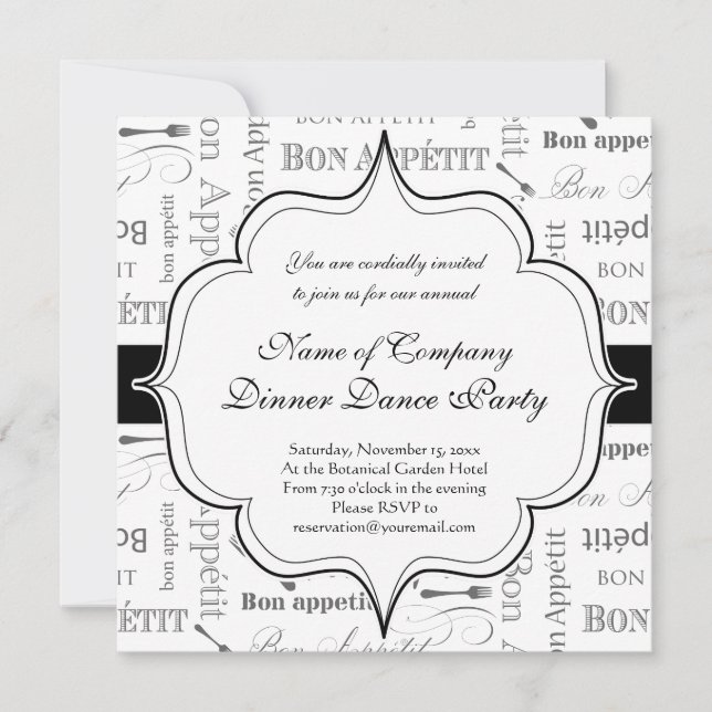 Convite Vintage French Bon Appetit Black and White (Frente)