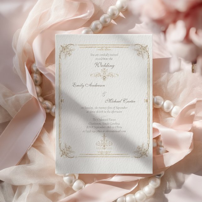 Convite Vintage French Gold Wedding Frame Invitation (Criador carregado)