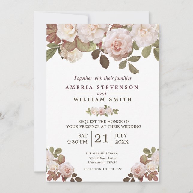 Convite Vintage French Rosas Weding Invitation (Frente)