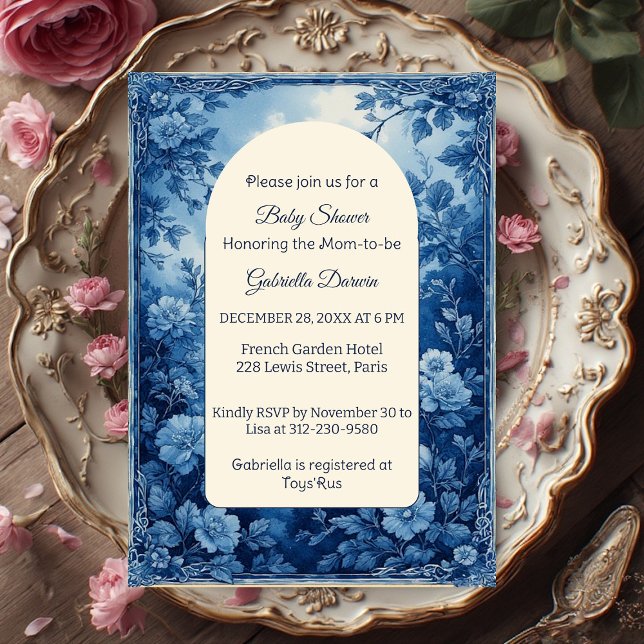 Convite Vintage French Toile Parisian Indigo Baby Shower  (Classic Vintage French Toile Parisian Indigo Baby Shower Invitation)