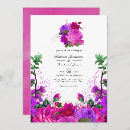 Convite Vintage Fuchsia e Purple Floral Código QR Casament