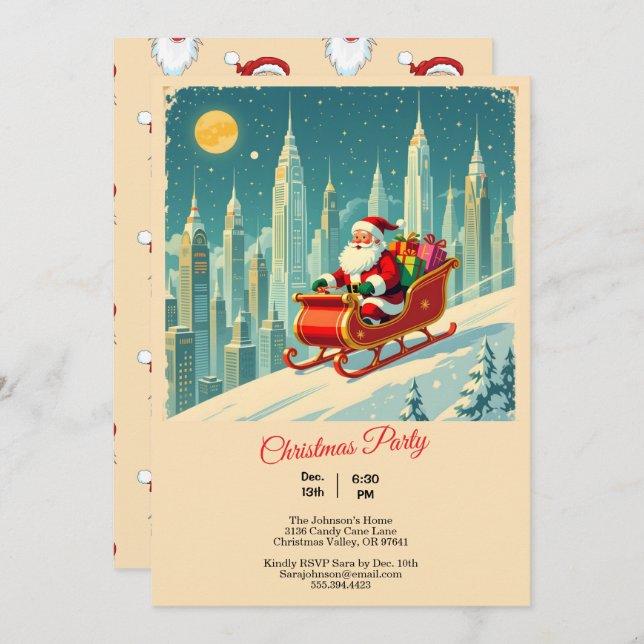 Convite Vintage & Futuristic City Santa Sleigh Christmas (Frente/Verso)