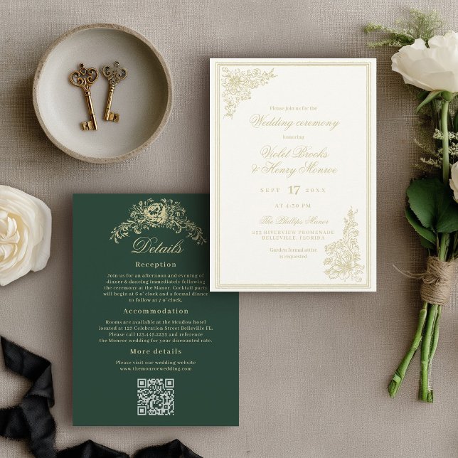 Convite Vintage Garden Classic Details on Back Wedding (Elegant gold floral wedding invitation with romantic script typography and back details with QR code)