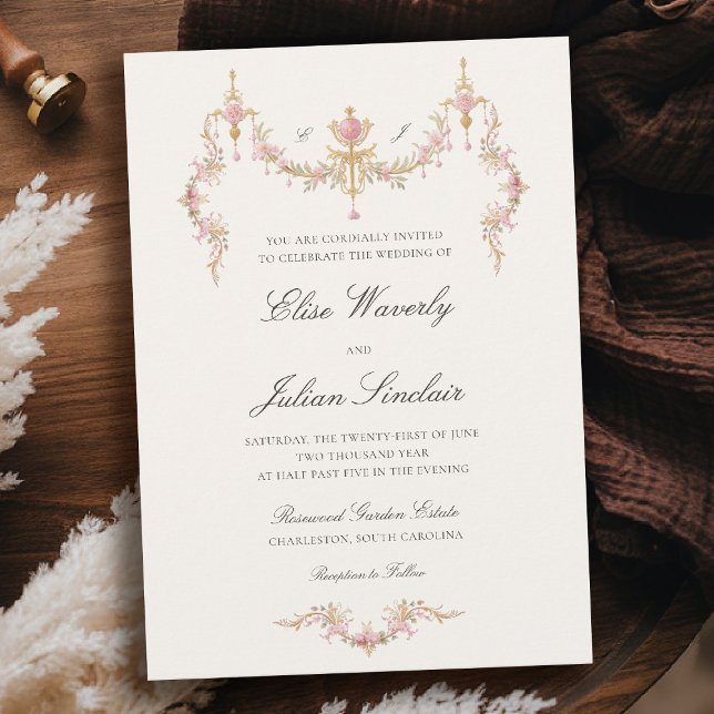 Convite Vintage Garden French Chateau Soft Blush Wedding (regency romance vintage chateau garden wedding blush pink gold floral invitation monograms)
