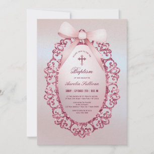 Convite Vintage Glitter Frame Pink Arco Faux Foil Baptism