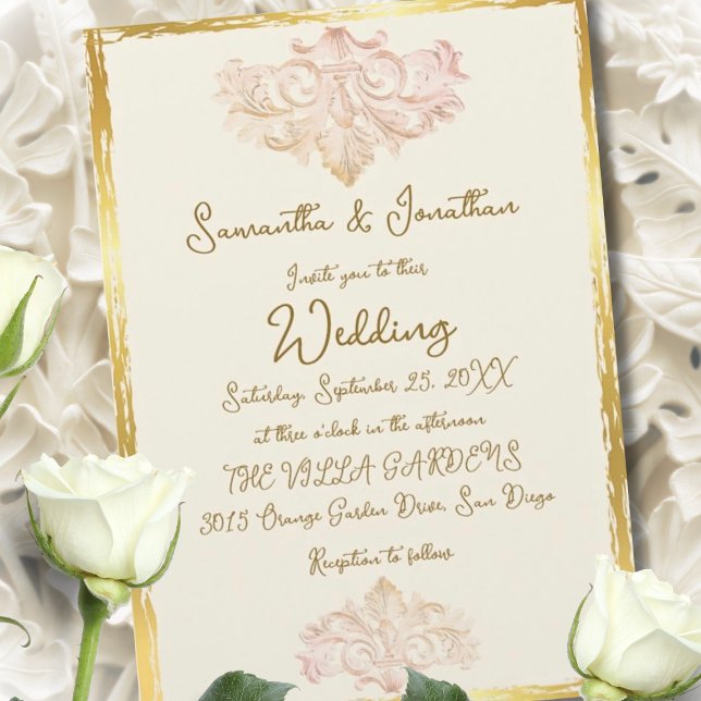 Convite Vintage Gold Baroque Wedding Elegance (Elegant baroque wedding invitation framed in gold, featuring soft blush scrolls and timeless romance)