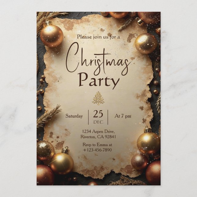 Convite Vintage Gold Christmas Party Invitation (Frente)