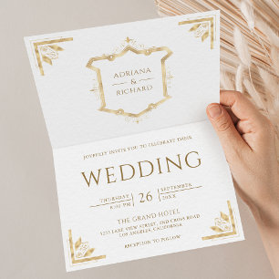 Convite Vintage Gold Crest Código QR Casamento Branco