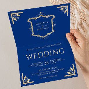 Convite Vintage Gold Crest Código QR Royal Blue Casamento