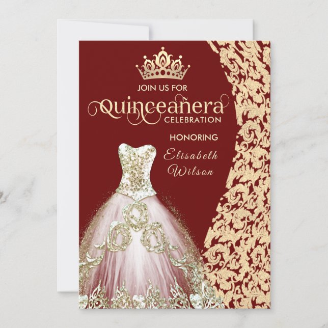 Convite Vintage Gold Damask tiara Quinceañera (Frente)