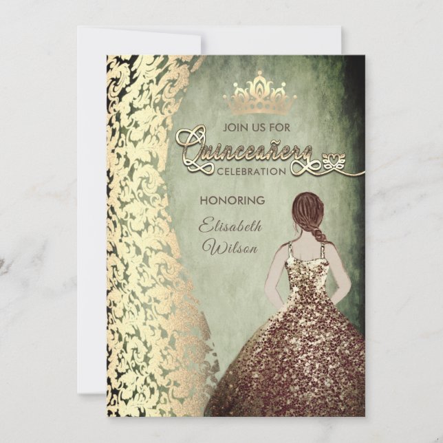 Convite Vintage Gold Damask tiara Quinceañera (Frente)