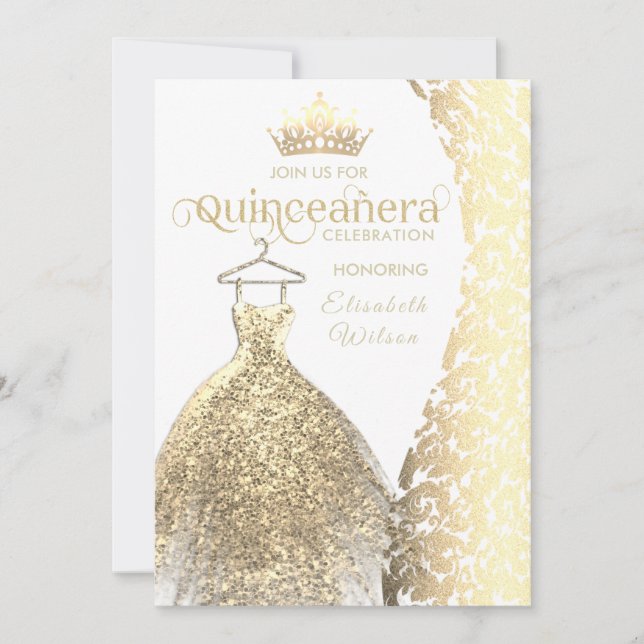 Convite Vintage Gold Damask tiara Quinceañera (Frente)