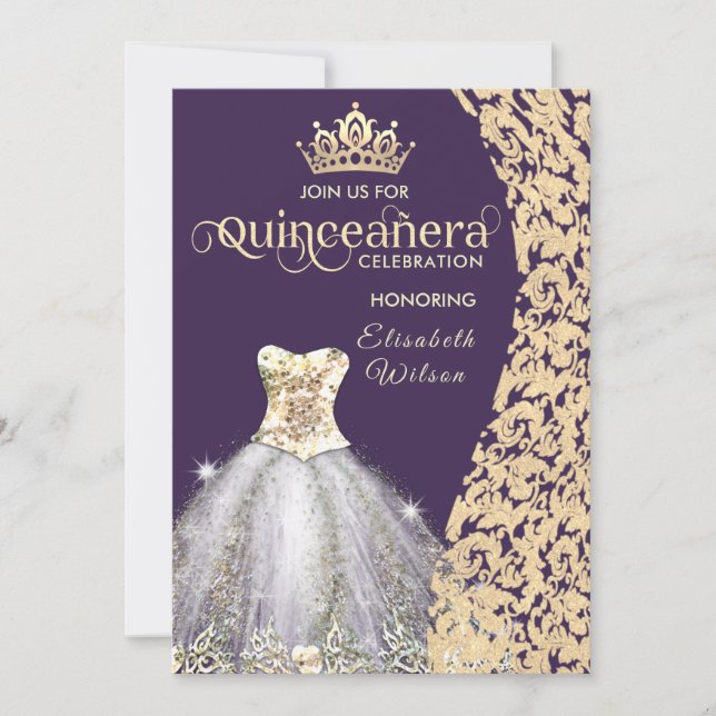 Convite Vintage Gold Damask tiara Quinceañera Inv (Frente)