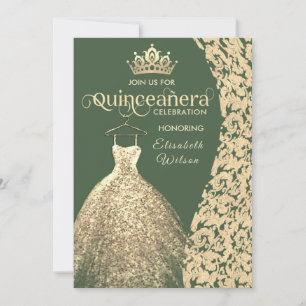 Convite Vintage gold dress damask tiara Quinceañera green