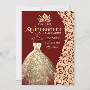Convite Vintage gold dress damask tiara Quinceañera red