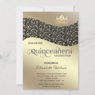 Convite Vintage gold luxury damask tiara Quinceañera Invi
