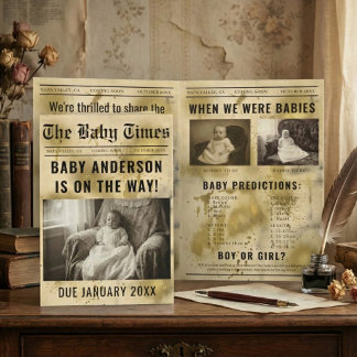 Convite vintage gold Newspaper Pregnancy Announcement
