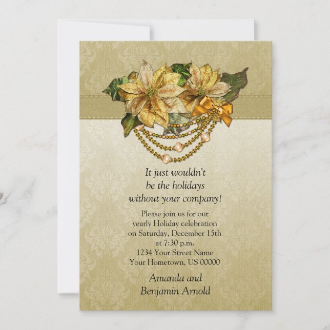Convite Vintage Gold Poinsettias Holiday Invitation (Frente)